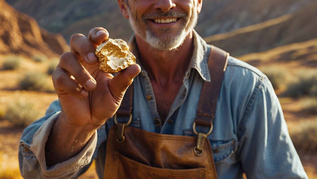 Kaivosmies pitää kädessään isoa kultakimpaketta.
