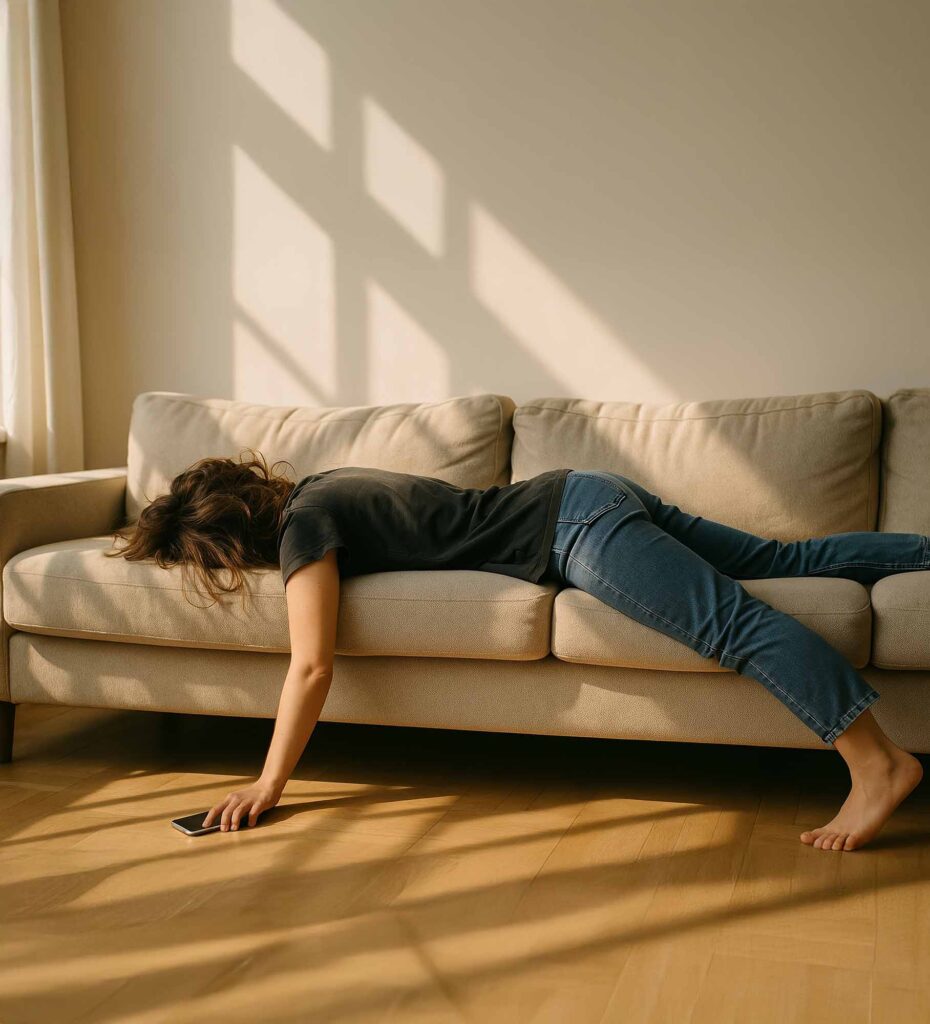 Nainen makaa väsyneenä sohvalla vatsallaan ja roikottaa kättään lattialla. Kädessä on kännykkä.