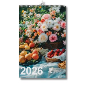 Seinäkalenterin kansi, jossa kukkien ja hedelmien runsaus